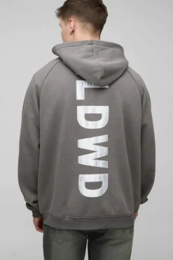 Tall Oversized Raglan Satin Applique WRLDWD Zip Thru Hoodie
