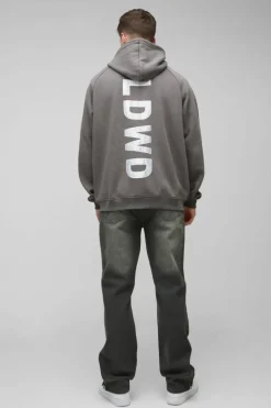 Tall Oversized Raglan Satin Applique WRLDWD Zip Thru Hoodie