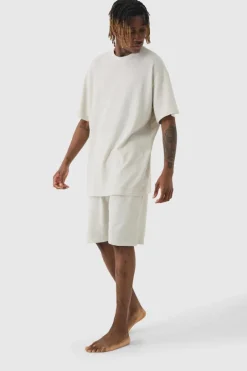 Tall Oversized Waffle Lounge Short Set In Grey
