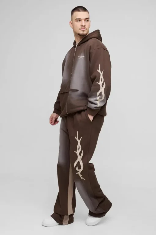 Tall Oversized Zip Thru Graphic Spray Wash Hooded Relaxed Flare Tracksuit
