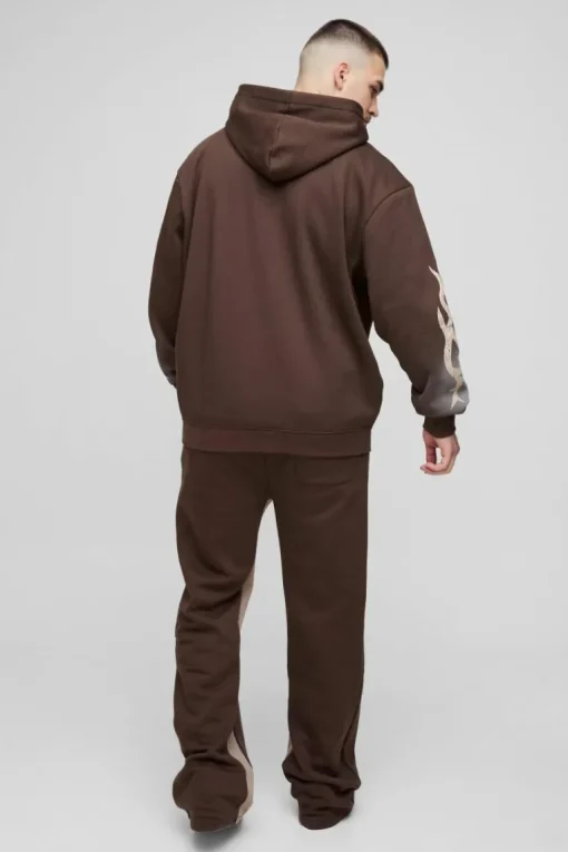 Tall Oversized Zip Thru Graphic Spray Wash Hooded Relaxed Flare Tracksuit