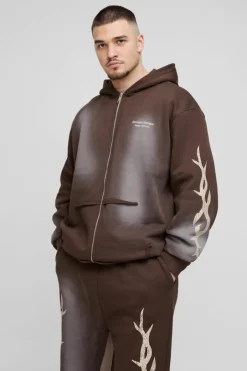 Tall Oversized Zip Thru Graphic Spray Wash Hooded Relaxed Flare Tracksuit