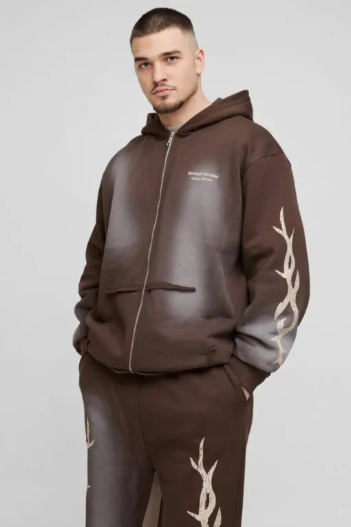 Tall Oversized Zip Thru Graphic Spray Wash Hooded Relaxed Flare Tracksuit