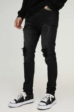 Tall Paint Splatter Biker Rip & Repair Zip Hem Skinny Jeans