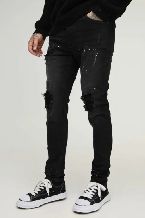 Tall Paint Splatter Biker Rip & Repair Zip Hem Skinny Jeans