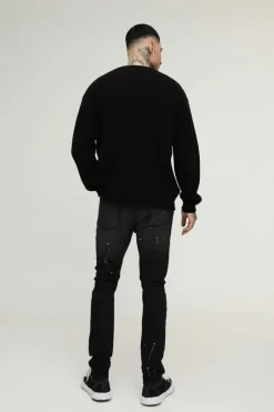 Tall Paint Splatter Biker Rip & Repair Zip Hem Skinny Jeans