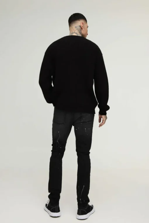 Tall Paint Splatter Biker Rip & Repair Zip Hem Skinny Jeans