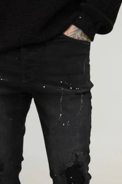 Tall Paint Splatter Biker Rip & Repair Zip Hem Skinny Jeans