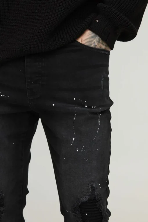Tall Paint Splatter Biker Rip & Repair Zip Hem Skinny Jeans