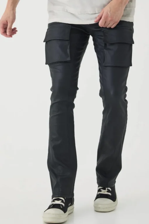 Tall PU Coated Stacked Flared Gusset Cargo Jeans
