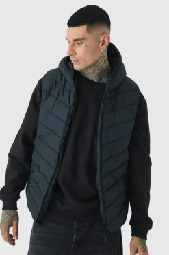 Tall Quilted Zip Through Hooded Gilet In Black