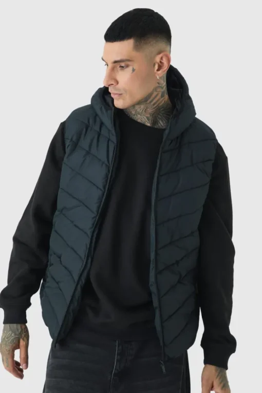 Tall Quilted Zip Through Hooded Gilet In Black
