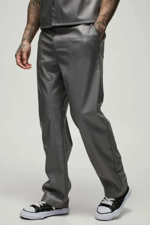 Tall Relaxed Fit Fixed Waistband PU Worker Panel Trousers