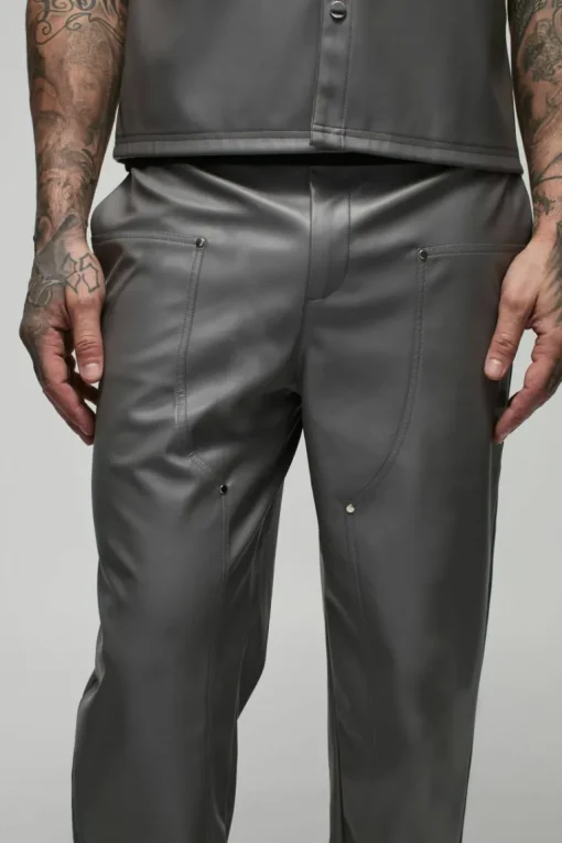 Tall Relaxed Fit Fixed Waistband PU Worker Panel Trousers