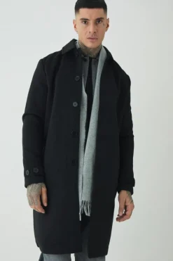 Tall Single Breasted Collared Overcoat In Black