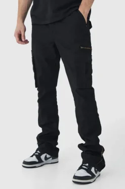Tall Slim Flare Zip Gusset Overdye Acid Wash Cargo Trouser In Black