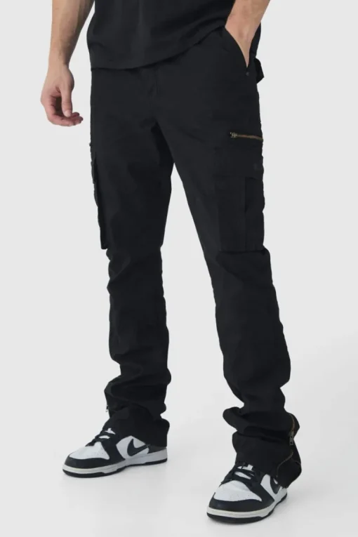 Tall Slim Flare Zip Gusset Overdye Acid Wash Cargo Trouser In Black