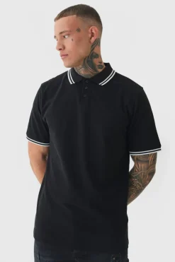 Tall Slim Tipped Pique Polo In Black