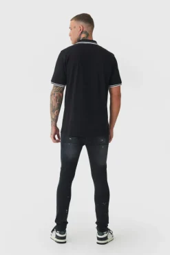Tall Slim Tipped Pique Polo In Black