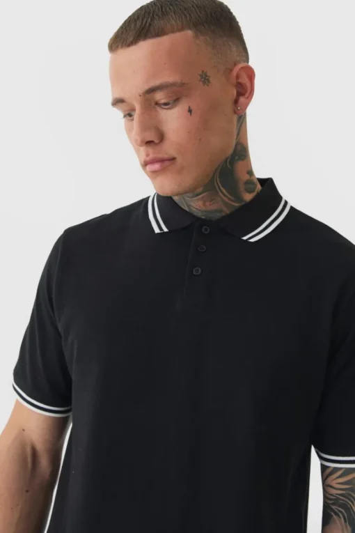 Tall Slim Tipped Pique Polo In Black