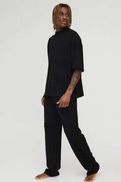 Tall Soft Rib Oversized T-shirt and Jogger Lounge Set in Black