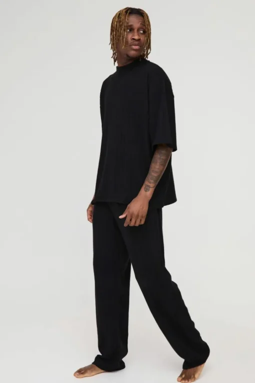 Tall Soft Rib Oversized T-shirt and Jogger Lounge Set in Black