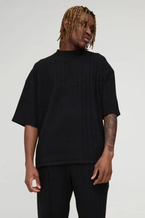 Tall Soft Rib Oversized T-shirt and Jogger Lounge Set in Black