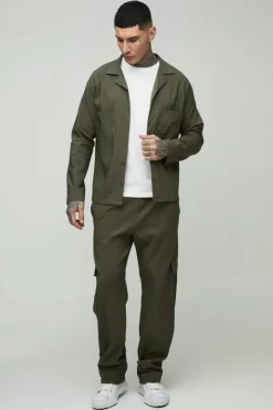 Tall Stretch Utility Pocket Shirt and Cargo Trouser Set in Khaki