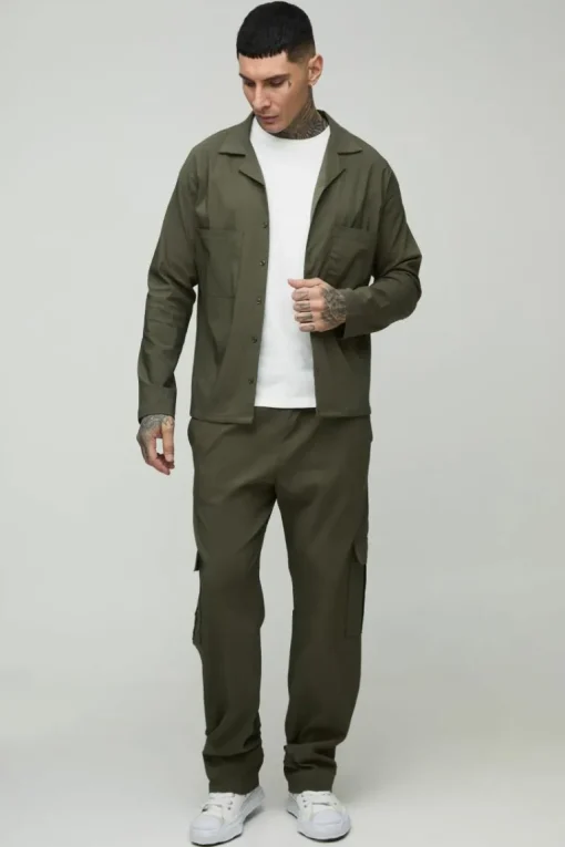 Tall Stretch Utility Pocket Shirt and Cargo Trouser Set in Khaki