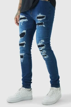 Tall Super Skinny Stretch Biker Rip & Repair Jeans in Vintage Blue