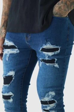 Tall Super Skinny Stretch Biker Rip & Repair Jeans in Vintage Blue