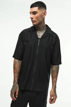 Tall Textured Pleated Zip Up Shirt