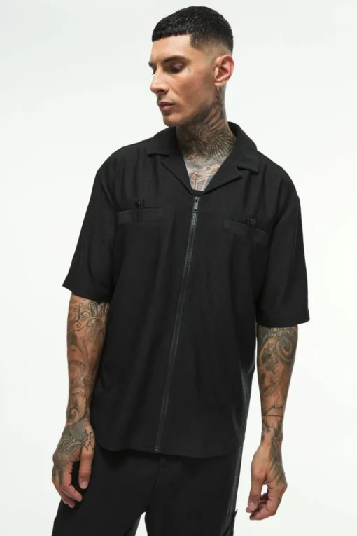 Tall Textured Pleated Zip Up Shirt