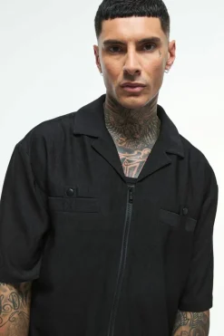 Tall Textured Pleated Zip Up Shirt