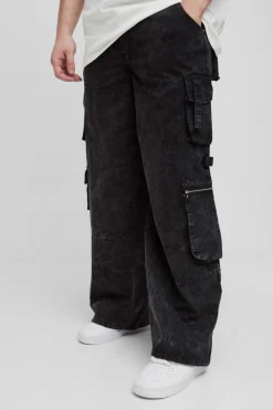 Tall Washed Twill Pleat Knee Multi Pocket Baggy Cargo Trousers