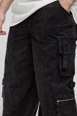 Tall Washed Twill Pleat Knee Multi Pocket Baggy Cargo Trousers