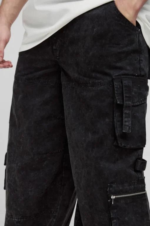 Tall Washed Twill Pleat Knee Multi Pocket Baggy Cargo Trousers