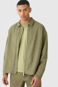 Textured Satin Oversized Fit Zip Up Harrington Jacket