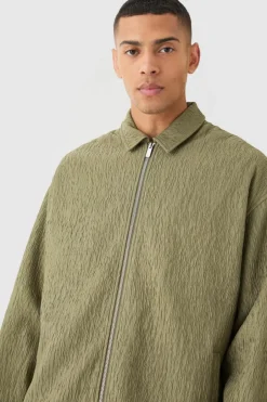 Textured Satin Oversized Fit Zip Up Harrington Jacket