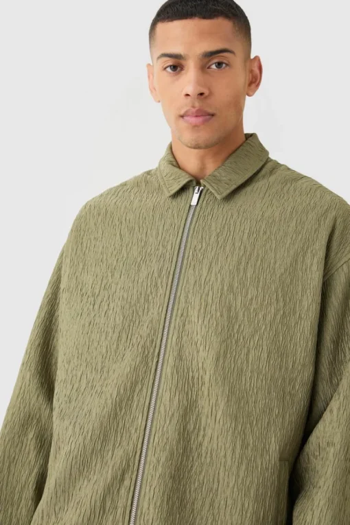 Textured Satin Oversized Fit Zip Up Harrington Jacket