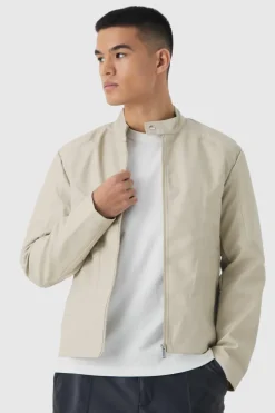 Tonal Panelled Moto Jacket In Stone