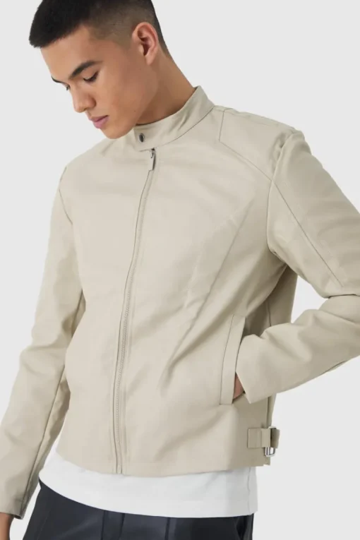 Tonal Panelled Moto Jacket In Stone