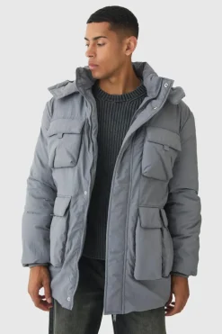 Utility Pocket Hooded Parka In Grey