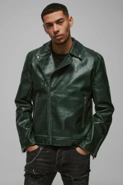 Washed Pu Biker Jacket In Green