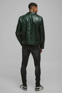 Washed Pu Biker Jacket In Green