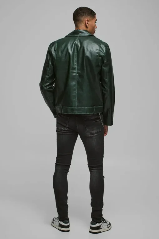 Washed Pu Biker Jacket In Green