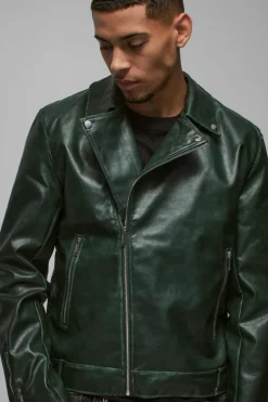 Washed Pu Biker Jacket In Green