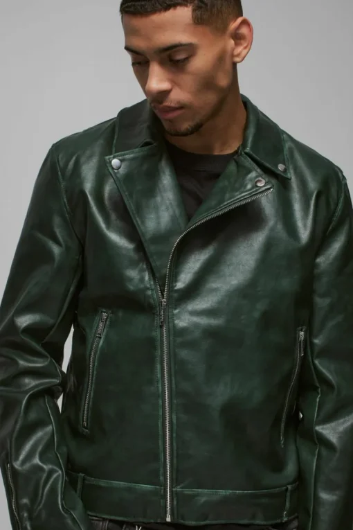 Washed Pu Biker Jacket In Green