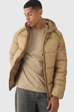 Washed Seam Hooded Puffer Jacket In Camel
