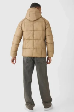 Washed Seam Hooded Puffer Jacket In Camel